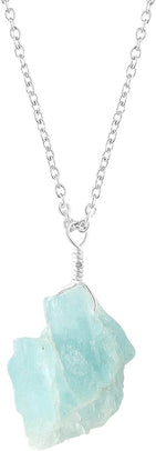 Natural Raw Aquamarine Gemstone Pendant Necklace, German Silver Jewelry, Rough Crystals, Birthstone, Healing Stones, Charming Women Jewelry in 18 inch - Image 1
